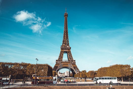 Stunning view of the Eiffel Tower in Paris under a clear blue sky, capturing the iconic landmark.