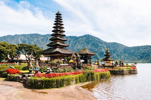 Captivating view of Ulun Danu Beratan Temple in Bali set against lush mountains.